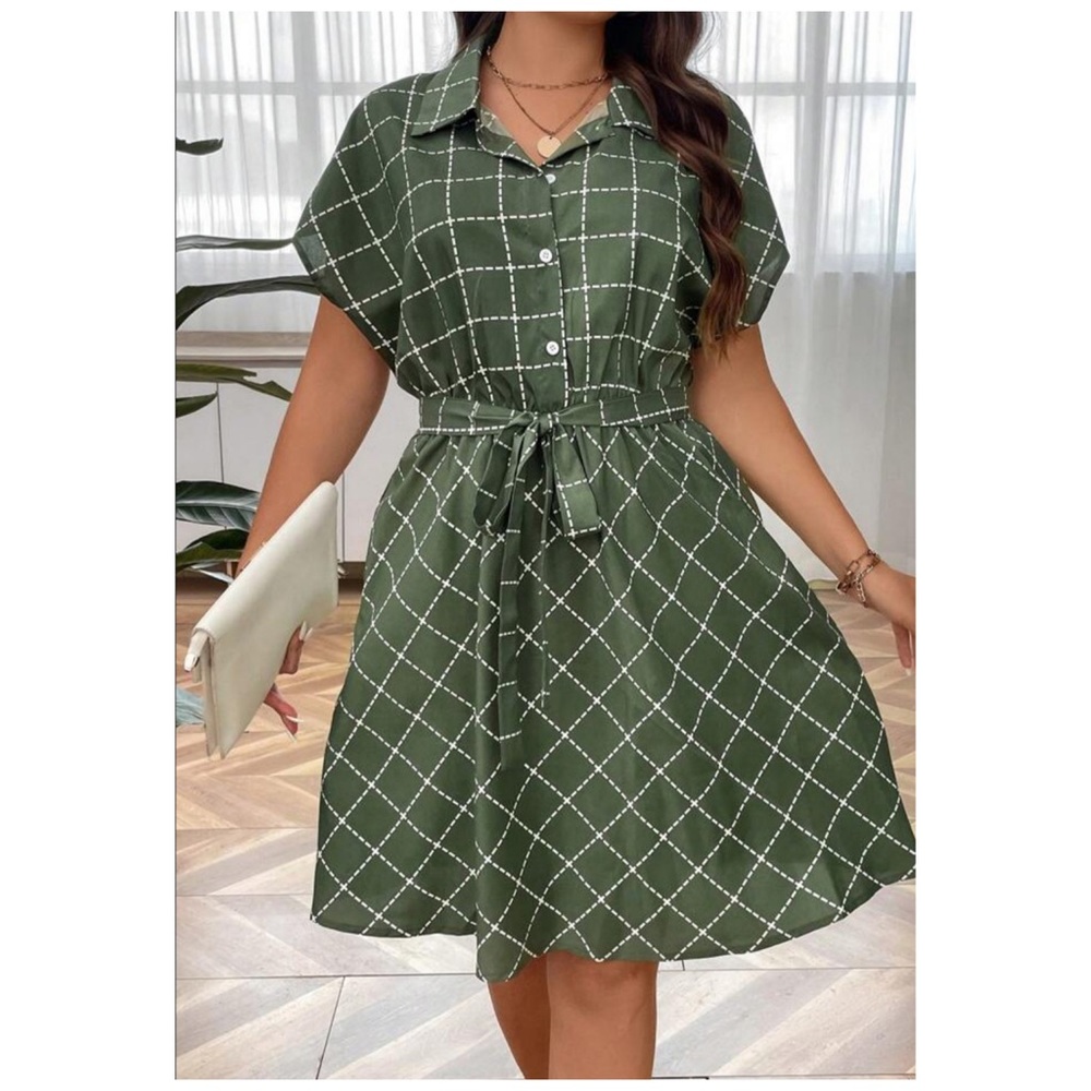 Shein Sage Windowpane Belted Casual Dress XL - Picture 1 of 1